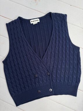 Vintage Joan Leslie Cable Knit Double-Breasted Sweater Vest Navy Size Large